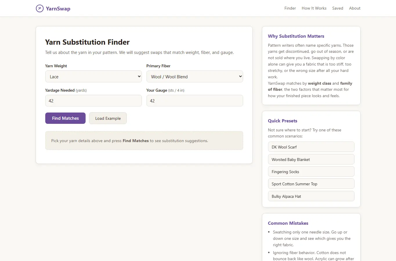 Screenshot of YarnSwap: Substitution Finder interface showing the project page in use